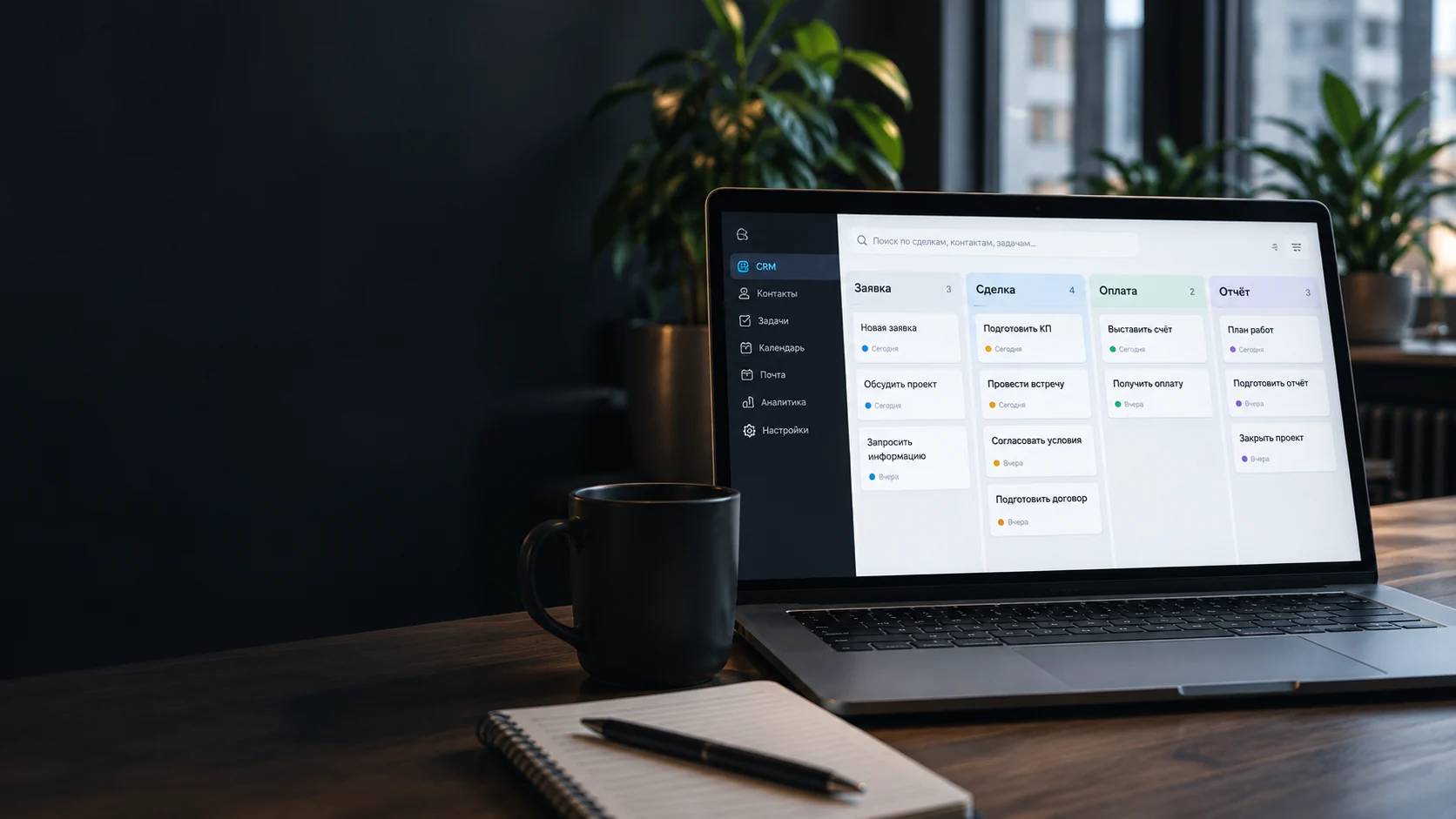 Иллюстрация рабочего процесса CRM на экране ноутбука